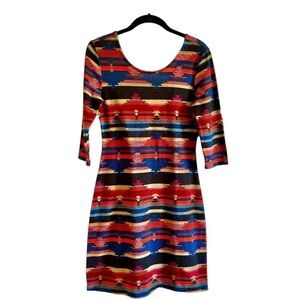 AMERICAN RAG, BODYCON DRESS. STRETCHY,  SOUTHWESTERN STYLE PRINT. SIZE XS